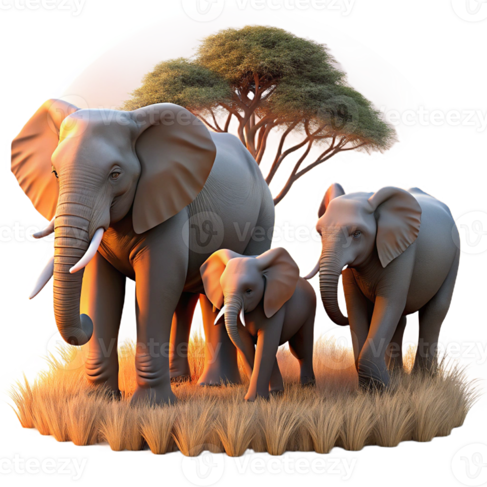 wonderful vintage A family of elephants walking across the African savanna, illuminated by the warm light of sunset. Rendered in a serene, realistic style premium png