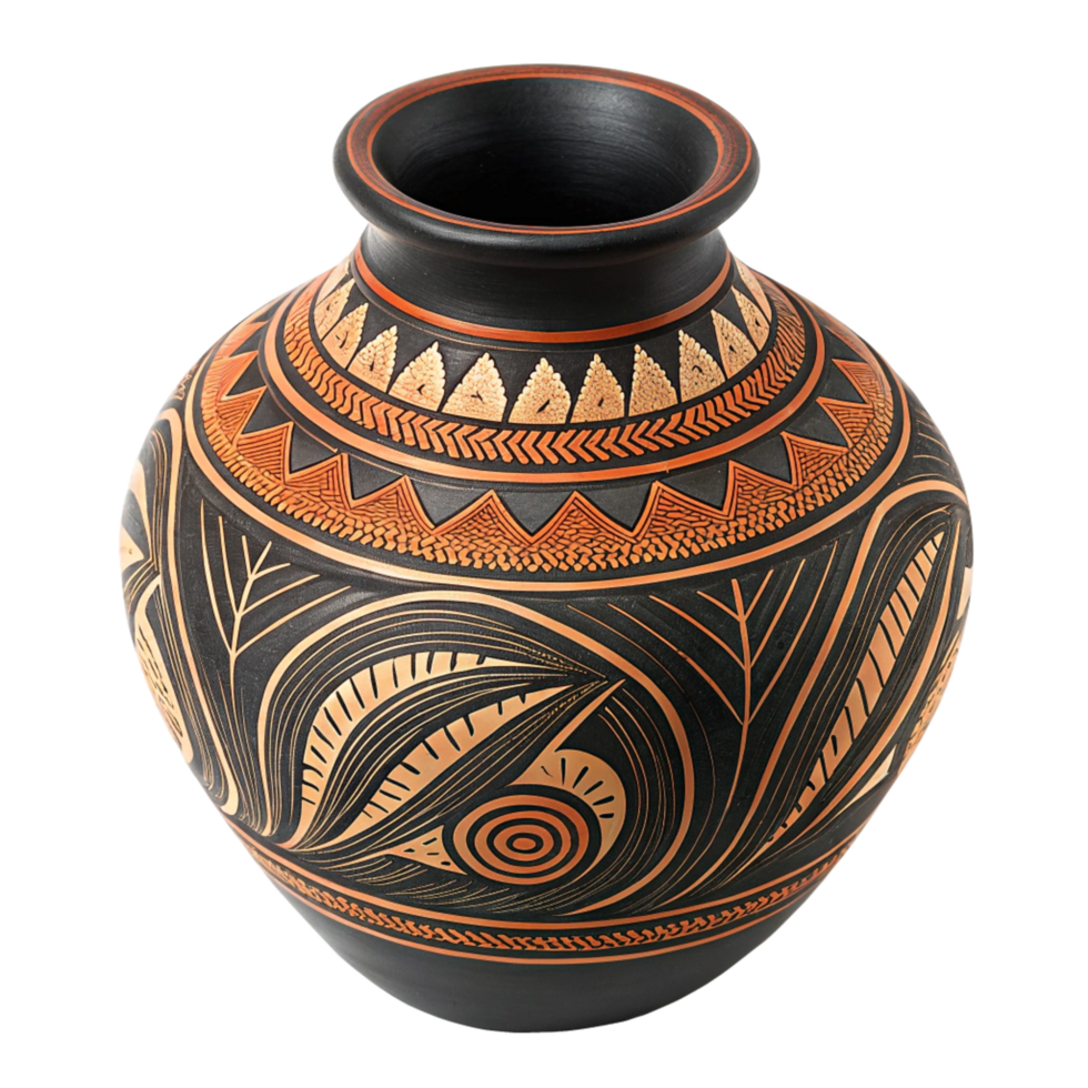 Handcrafted Black and Orange Native American Style Pottery Vase with Intricate Geometric and Floral Designs png