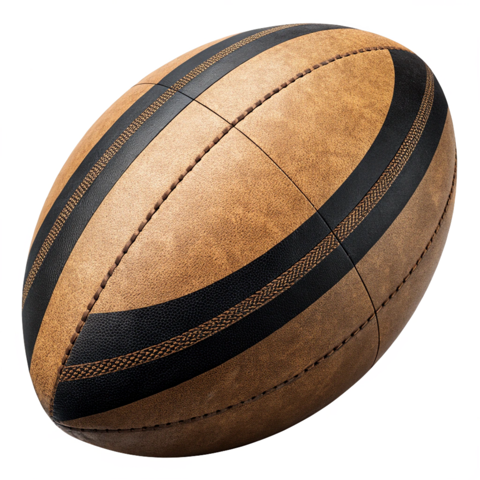 Closeup of a Vintage Brown Leather Rugby Ball with Black Stitching and Stripes png