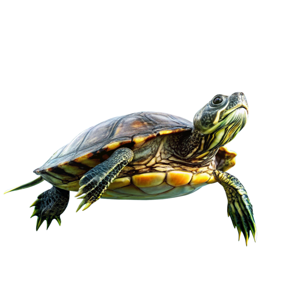 A Stunning Closeup of a Juvenile Red Eared Slider Turtle Swimming in Black Background png