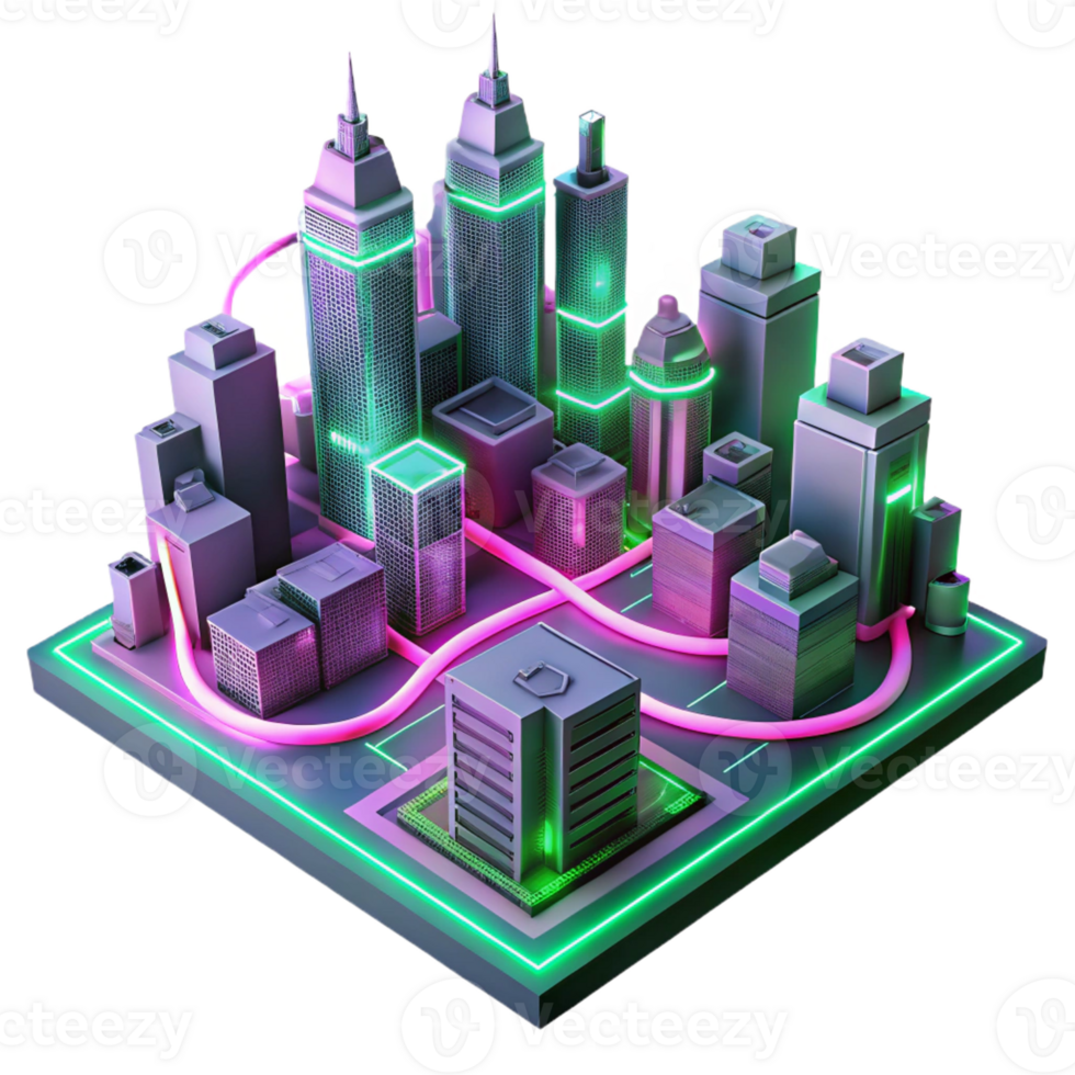 vibrant abstract A futuristic cityscape composed entirely of interconnected circuit boards, glowing with neon pink and green light trails, cyberpunk style professional png
