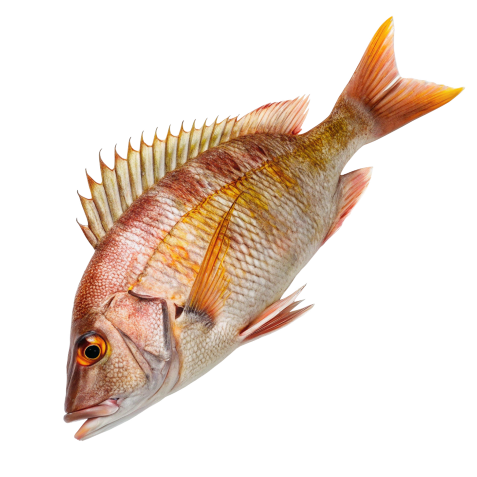 Closeup of a vibrant red and gold fish with spiky dorsal fin and orange tail, isolated on black background png
