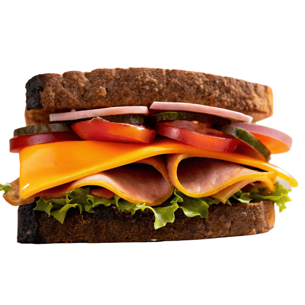 Delicious Ham and Cheese Sandwich with Fresh Vegetables on Dark Rye Bread png