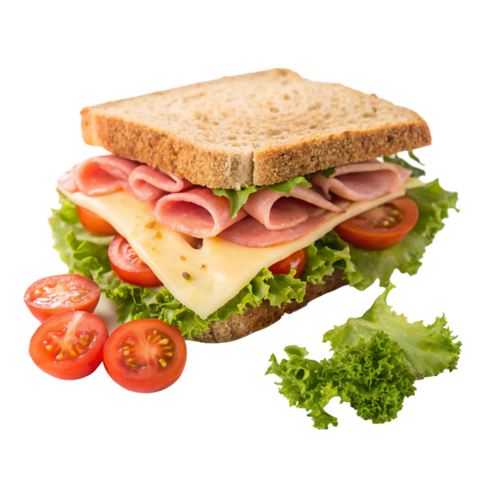 Delicious Ham and Cheese Sandwich on Whole Wheat Bread with Lettuce and Tomato png