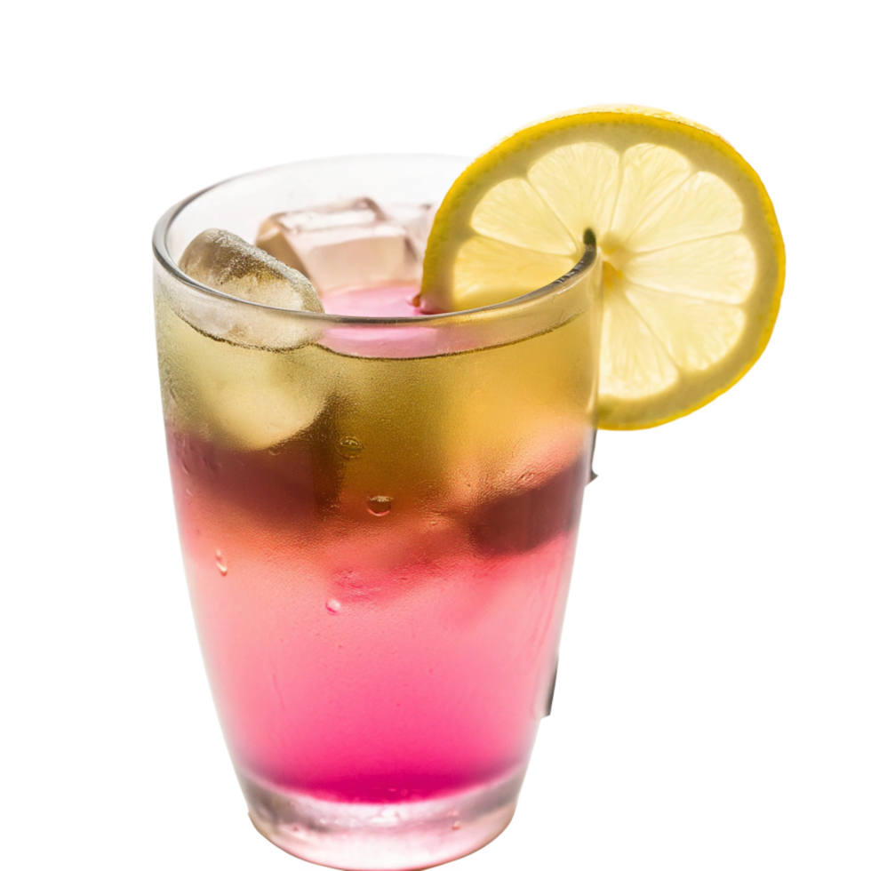 Refreshing Layered Pink and Yellow Summer Cocktail with Lemon Garnish and Ice Cubes in a Glass png