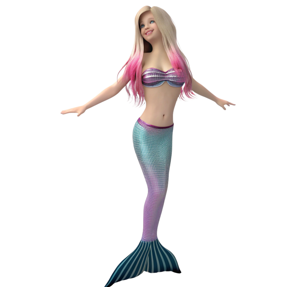 Adorable Little Mermaid Girl with Long Blonde and Pink Hair in a Teal and Purple Scaled Tail png