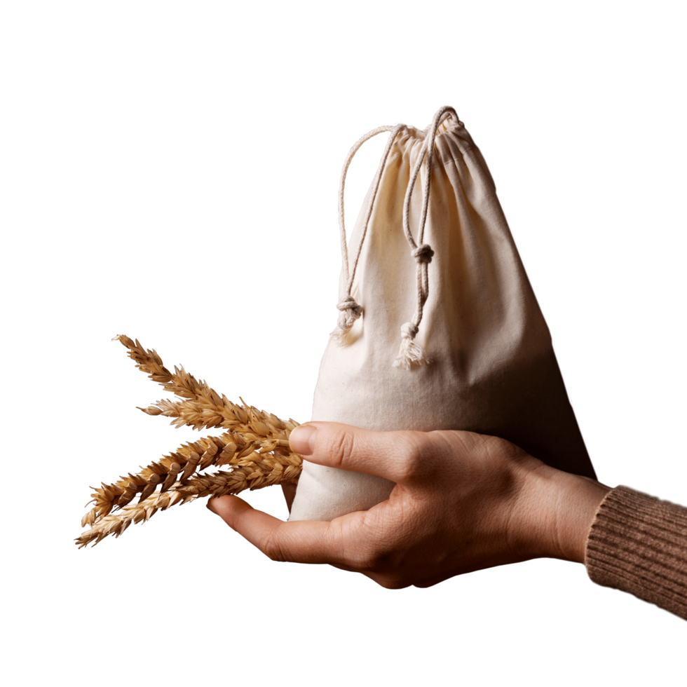 Hand holding bag and grains. Distribution Of Zakat Fitrah charity sack png