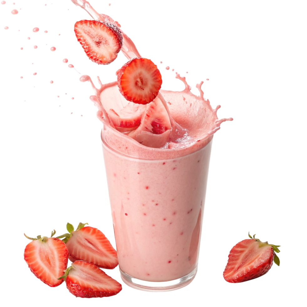Delicious Strawberry Smoothie with Fresh Fruit Splashing into a Glass png