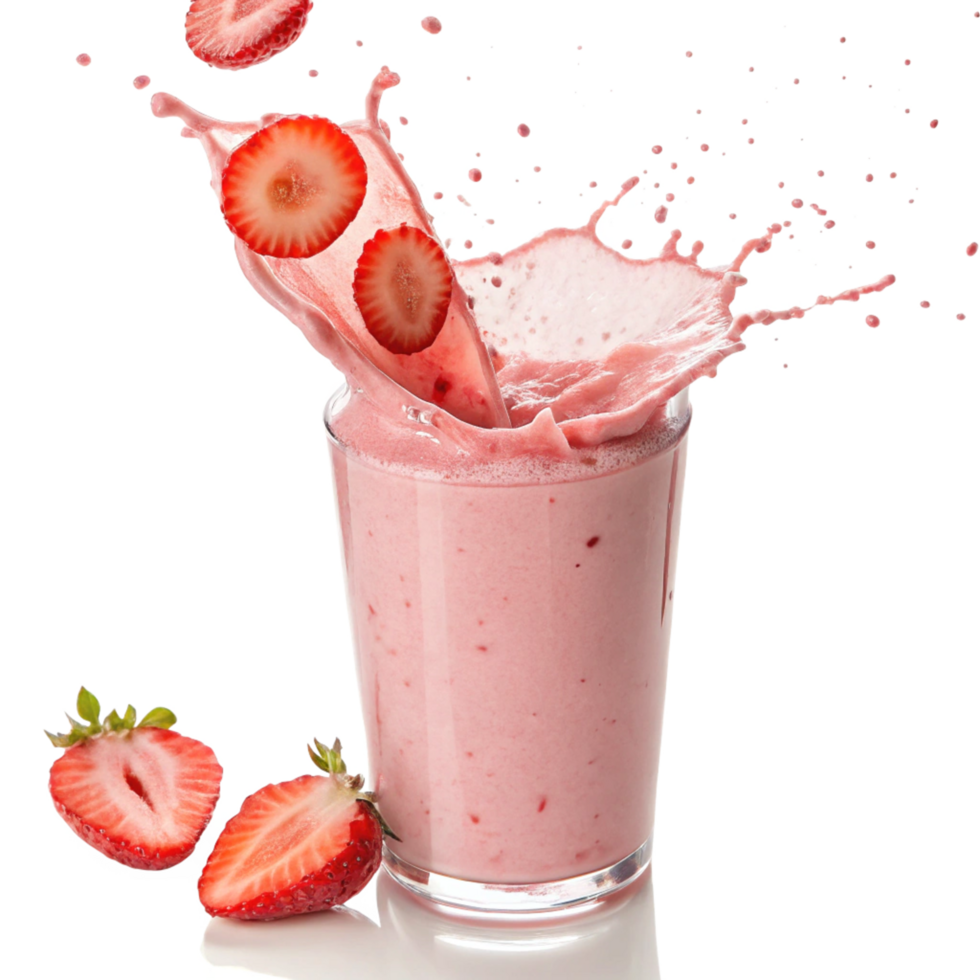 Delicious Strawberry Smoothie Splashing into a Glass with Fresh Strawberries png