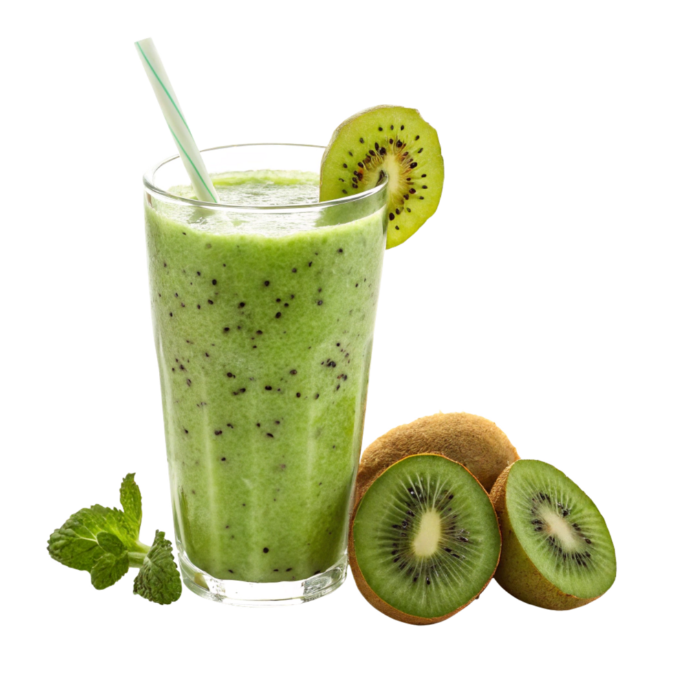 Refreshing Kiwi Smoothie in a Glass with Fresh Kiwi Fruit Slices and Mint Leaves png