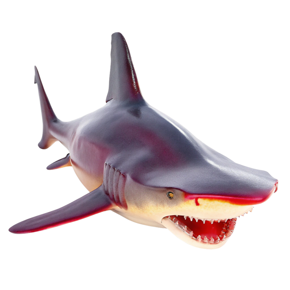 A Stunning 3D Render of a Crimson and Gray Shark with Open Mouth png