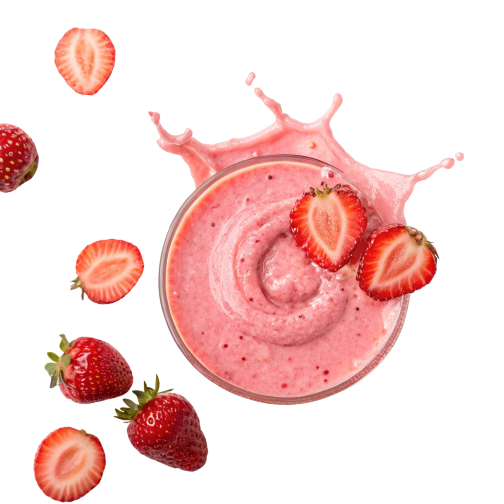 Delicious Strawberry Smoothie with Fresh Strawberries and Splashing Effect png
