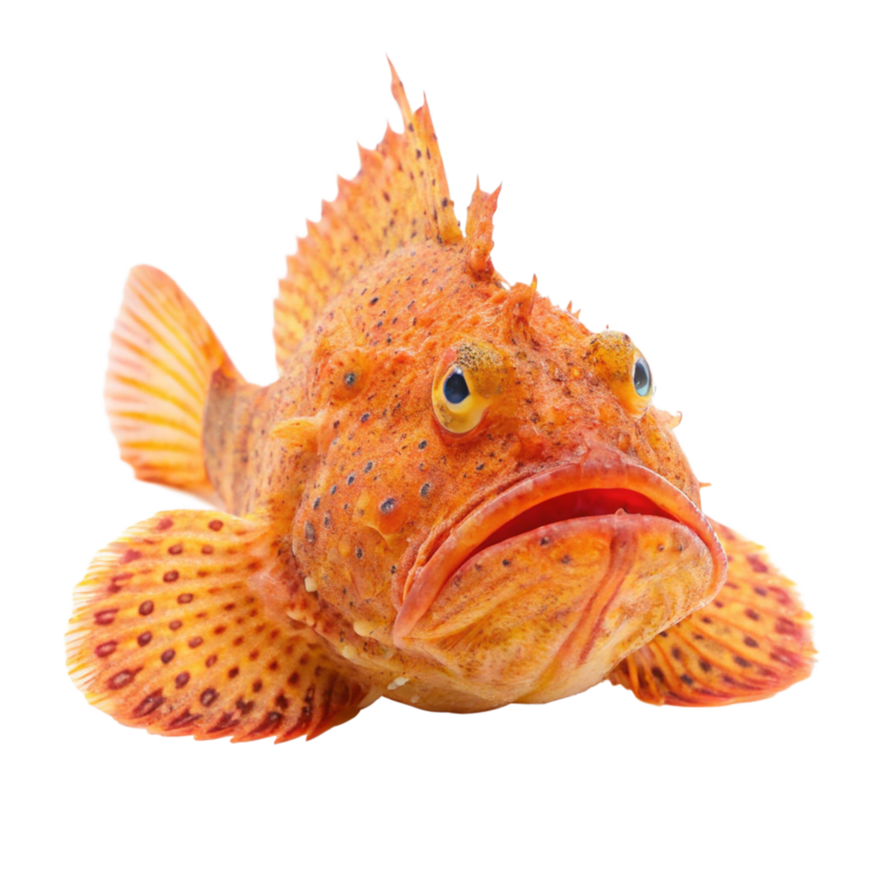 Stunning Closeup of a Vibrant Orange Spotted Scorpionfish Isolated on Black Background png