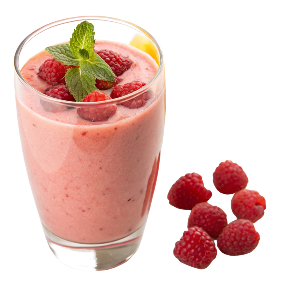 Delicious Raspberry Smoothie in a Glass with Fresh Raspberries and Mint png