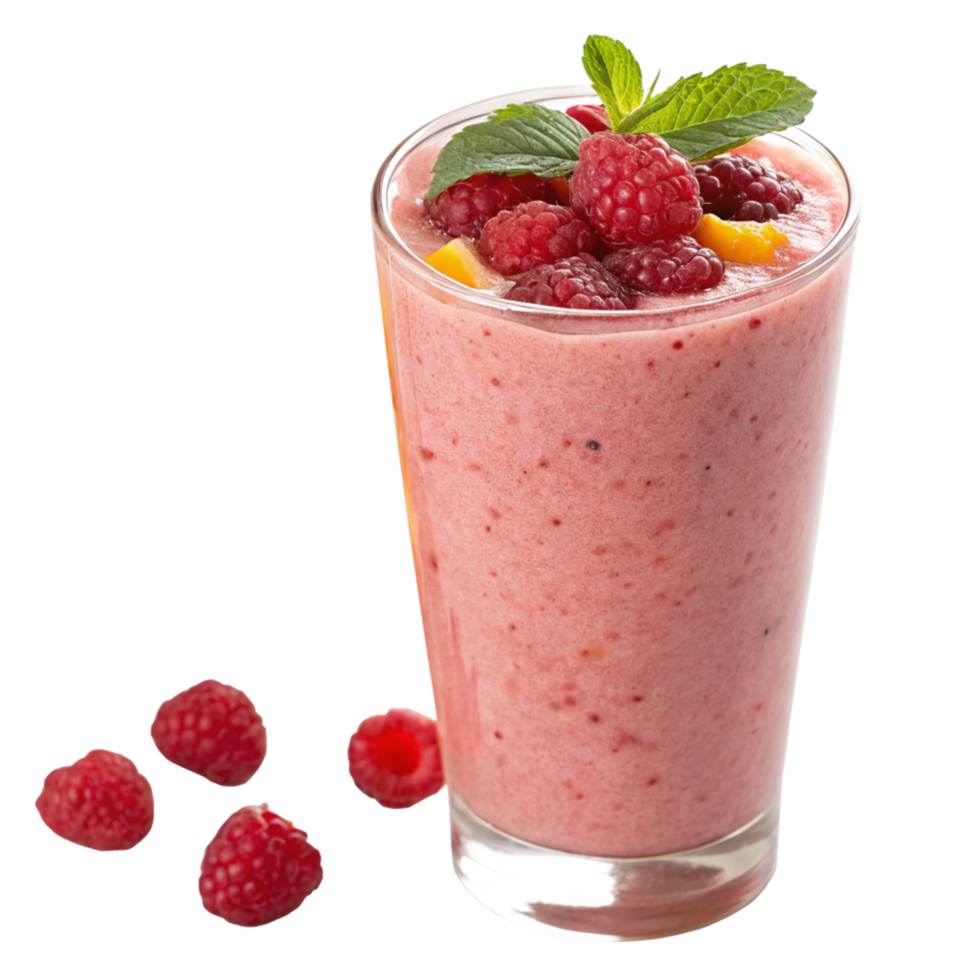 Refreshing Raspberry Peach Smoothie with Mint Garnish in a Glass png