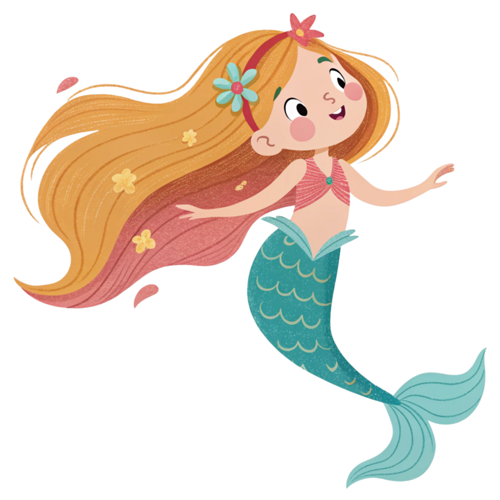 Adorable Little Mermaid with Flowing Blonde Hair and Flower Headband png