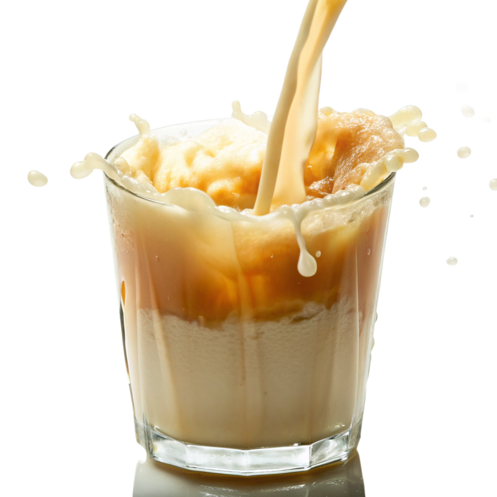 Cream being poured into a glass of coffee causing a splash and froth png