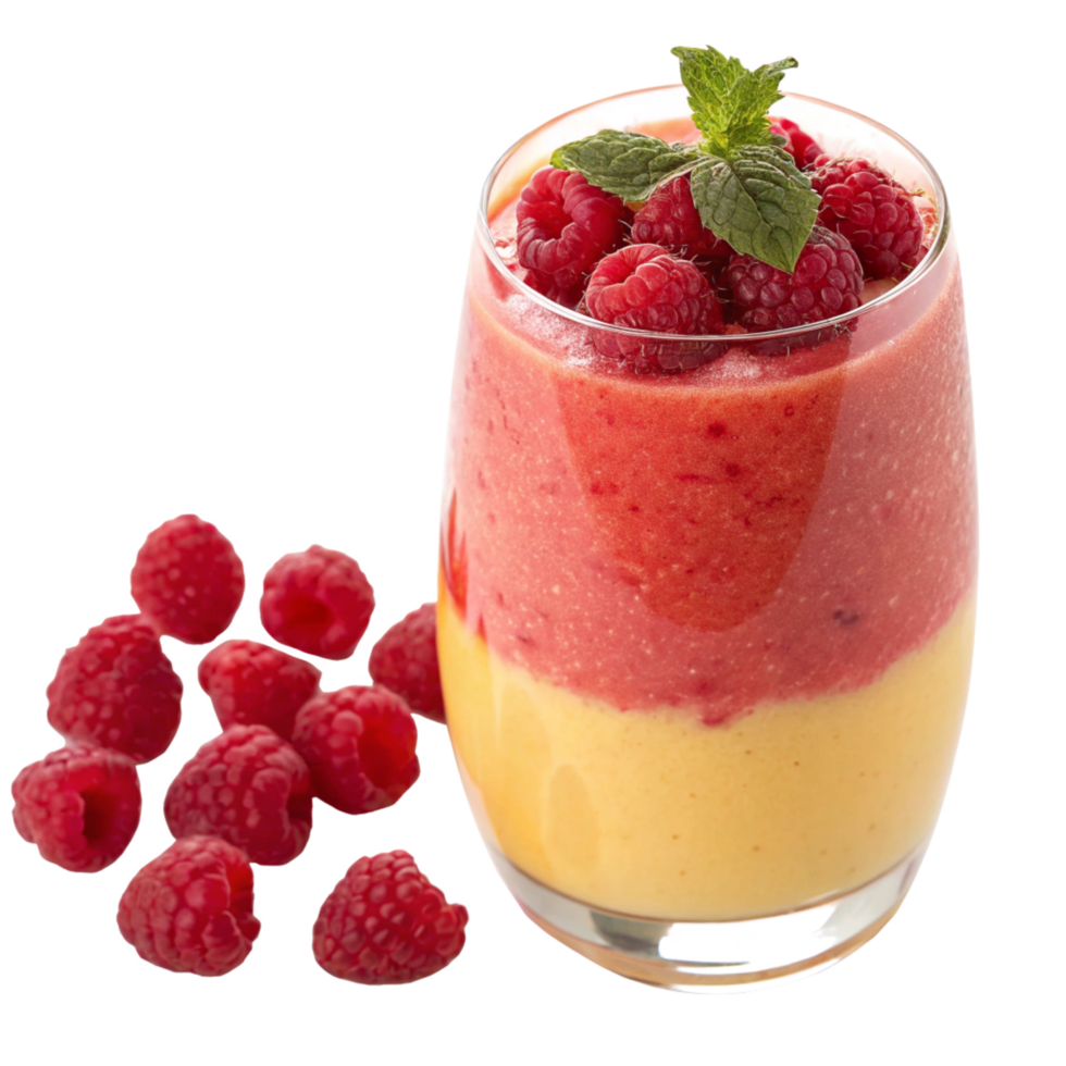 Delicious Layered Raspberry and Mango Smoothie with Fresh Raspberries and Mint Garnish png