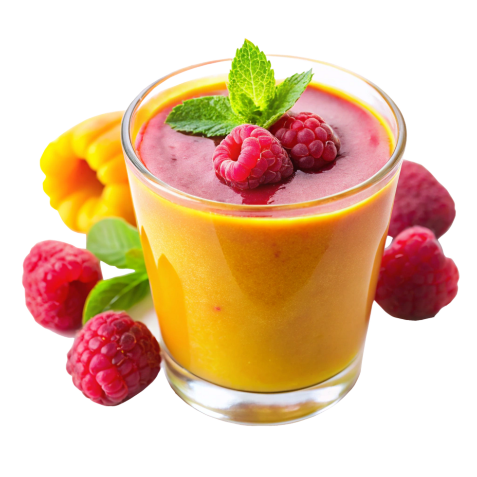 Delicious Mango Raspberry Smoothie in a Glass with Fresh Raspberries and Mint png