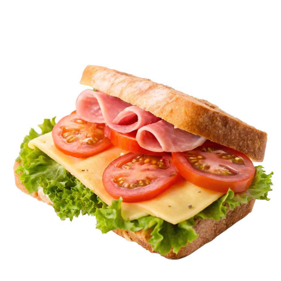 Delicious Ham and Cheese Sandwich with Fresh Tomatoes and Lettuce on Ciabatta Bread png