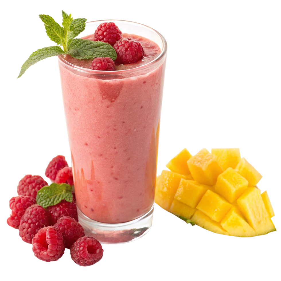 Refreshing Raspberry Mango Smoothie with Mint Garnish A Delicious Blend of Summer Fruits png