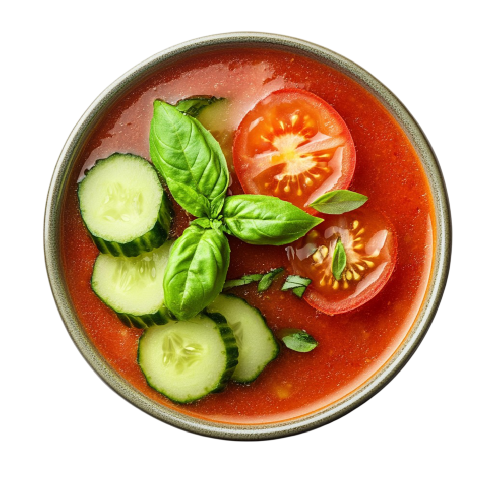 Healthy Fresh Tomato Soup with Cucumber and Basil on Transparent Background png