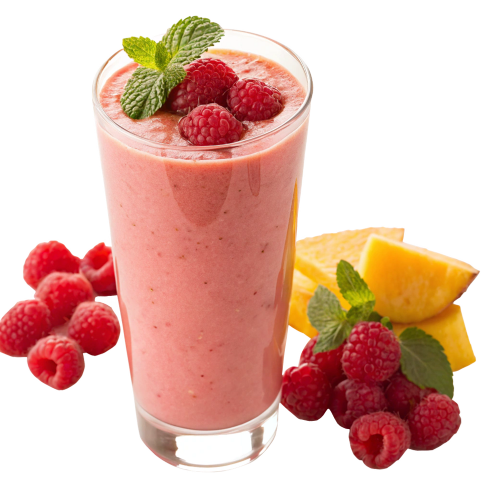 Delicious Raspberry Mango Smoothie with Fresh Mint Garnish and Ripe Raspberries png