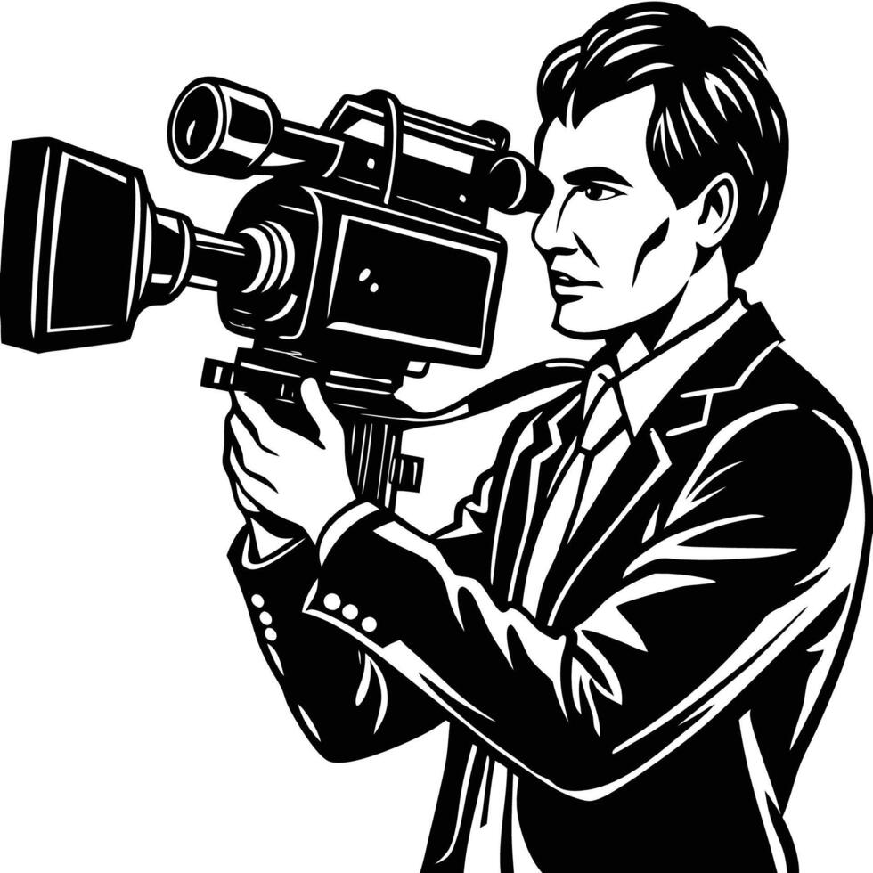 Man Silhouetted Filming with Camera on a White Background vector