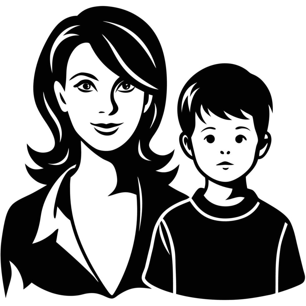 Silhouettes of Mother and Son Embracing Captured on a Pristine White Background vector