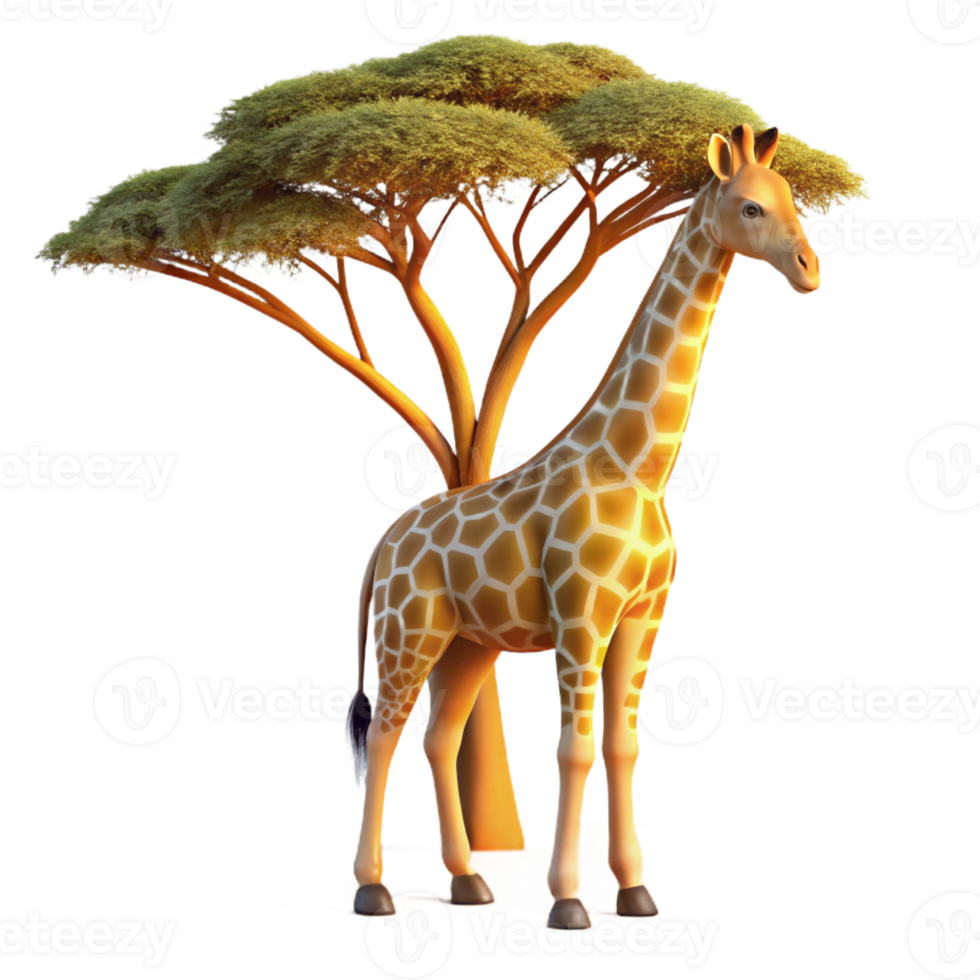beautiful creative A graceful giraffe reaching for leaves on a tall acacia tree, illuminated by the warm, golden light of late afternoon, in a realistic, safari photography style exclusive png