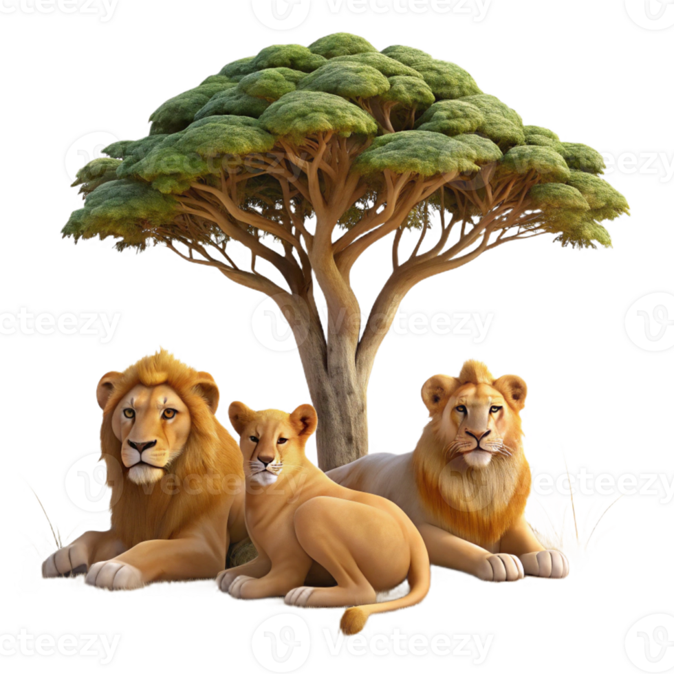 elegant contemporary A majestic lion pride resting in the shade of an acacia tree, illuminated by the warm, hazy light of midday, in a classic wildlife painting style professional png