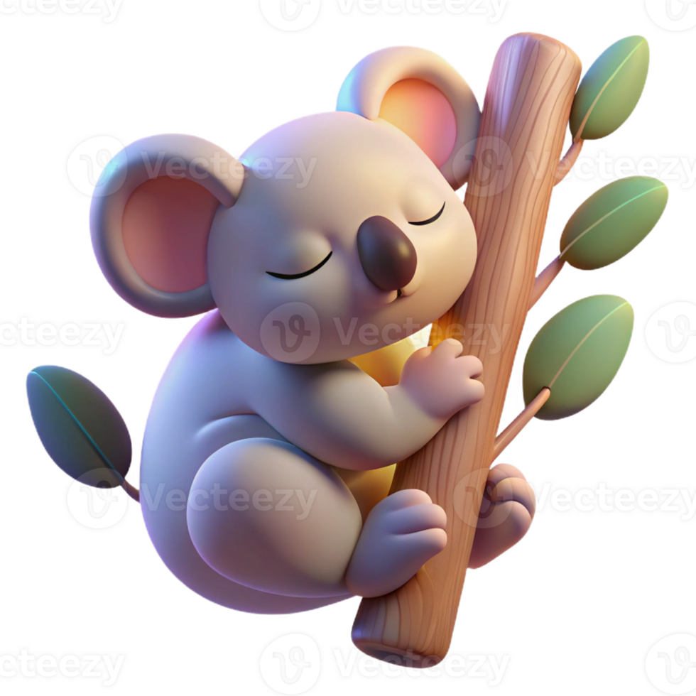 elegant artistic A sleepy koala clinging to a eucalyptus tree, illuminated by the soft, diffused light of dawn, in a gentle, pastel illustration style premium png