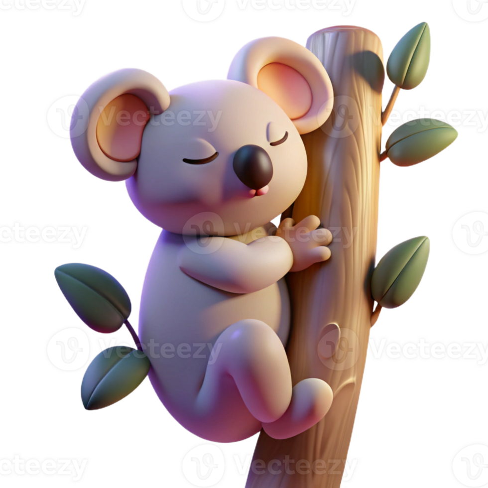 elegant minimalist A sleepy koala clinging to a eucalyptus tree, illuminated by the soft, diffused light of dawn, in a gentle, pastel illustration style original png
