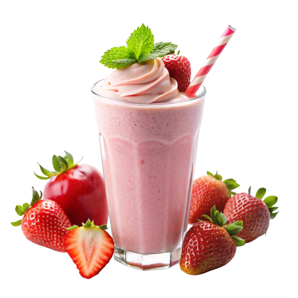 Delicious Strawberry Milkshake with Fresh Strawberries and Whipped Cream png