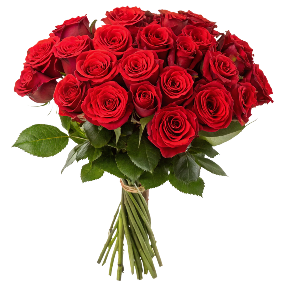 A Stunning Bouquet of Eighteen Deep Red Roses Tied with a Beige Ribbon png