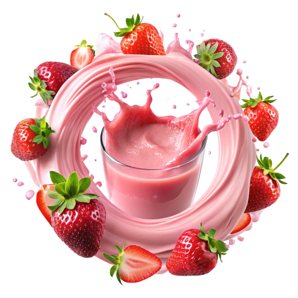 Delicious Strawberry Smoothie in a Glass with Splashing Yogurt and Fresh Strawberries png