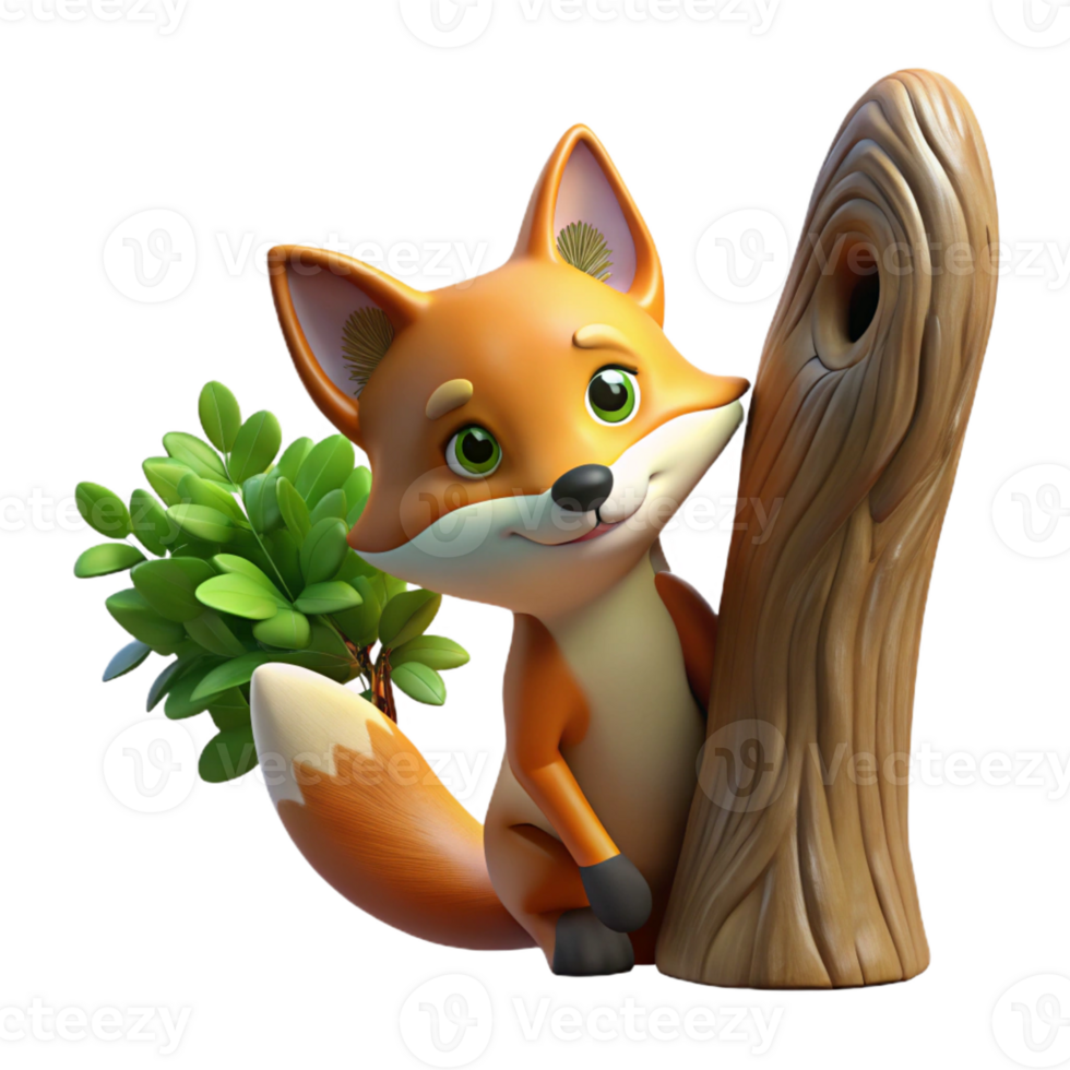 elegant contemporary A curious fox peering out from behind a tree, illuminated by the dappled sunlight of a forest clearing, in a whimsical, storybook illustration style high resolution png