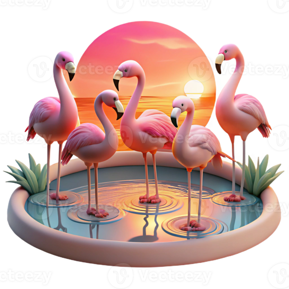 dramatic traditional A group of flamingos wading in a shallow lake, illuminated by the warm, pink hues of sunset, in a vibrant, impressionistic painting style premium png