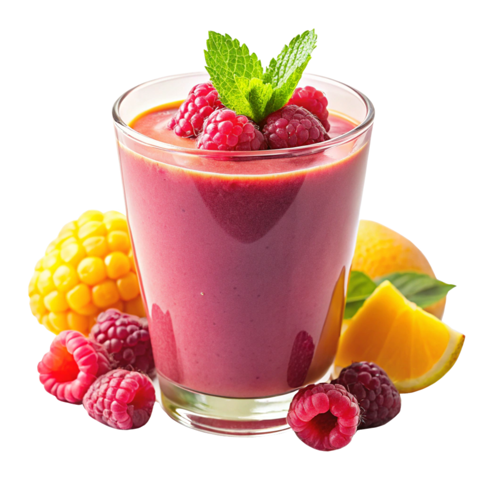 Delicious Raspberry Orange and Corn Smoothie in a Glass with Fresh Fruit Garnish png