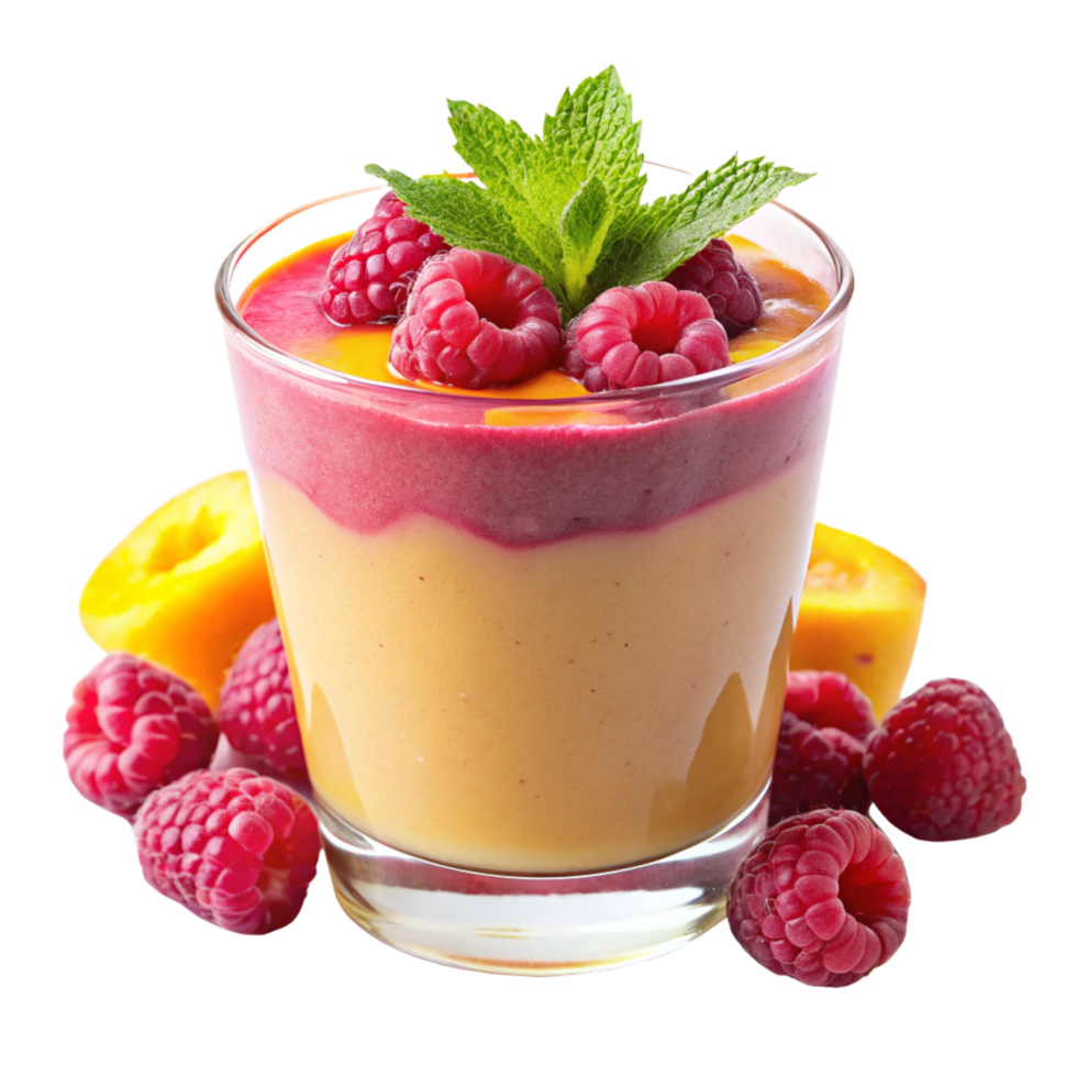 Delicious Layered Raspberry and Apricot Smoothie in a Glass with Fresh Raspberries and Mint png