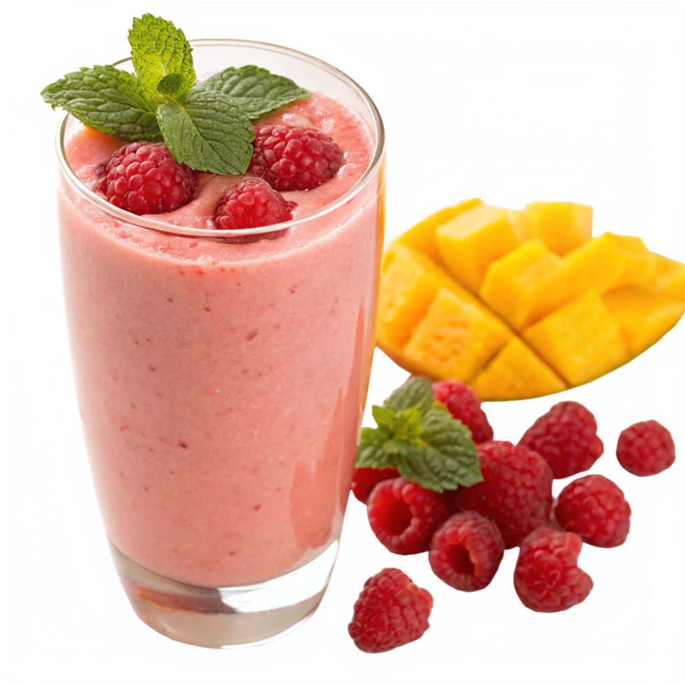 Delicious Raspberry Mango Smoothie in a Glass with Fresh Raspberries and Mint png