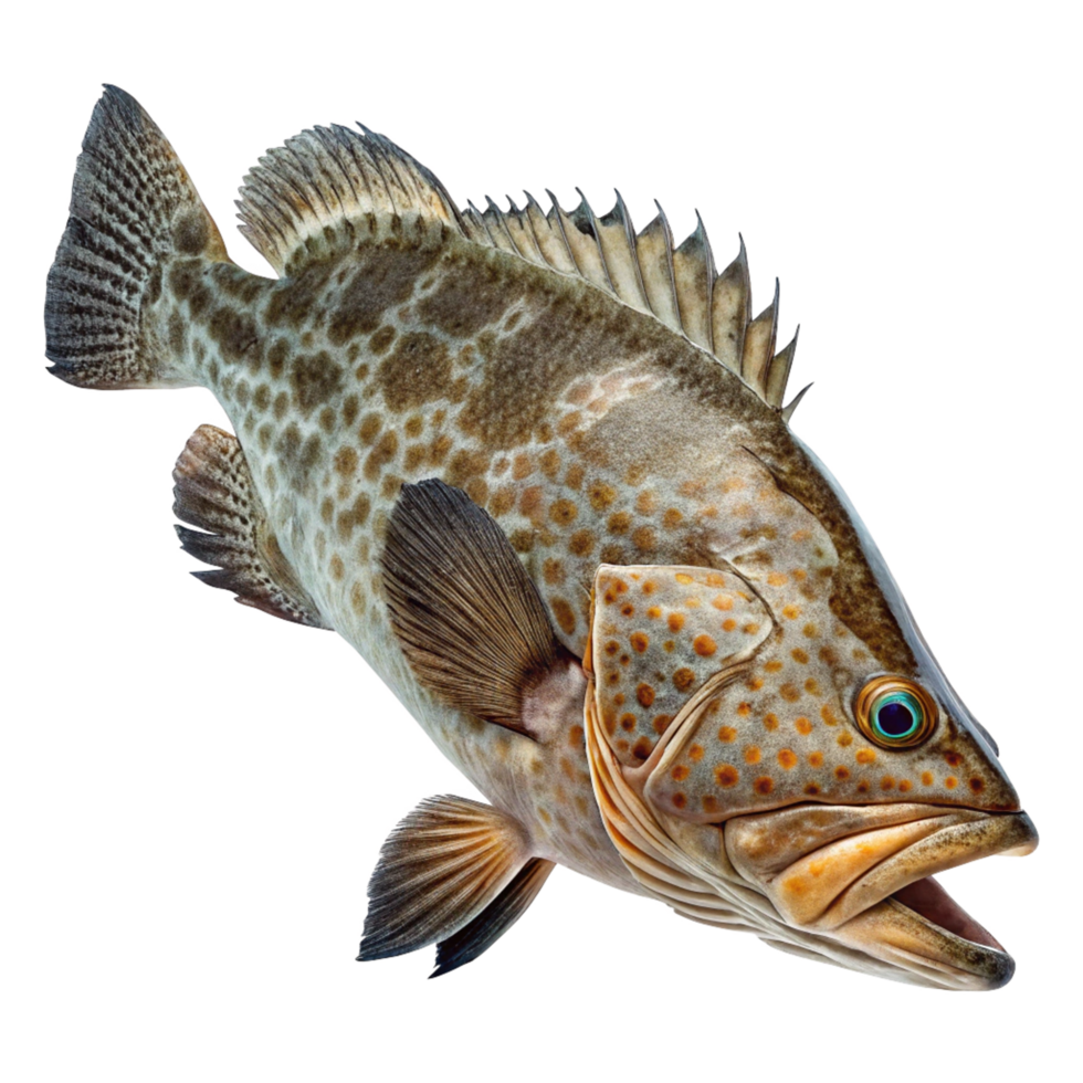 Closeup of a Spotted Grouper Fish with Open Mouth Showing Detailed Texture and Fins png