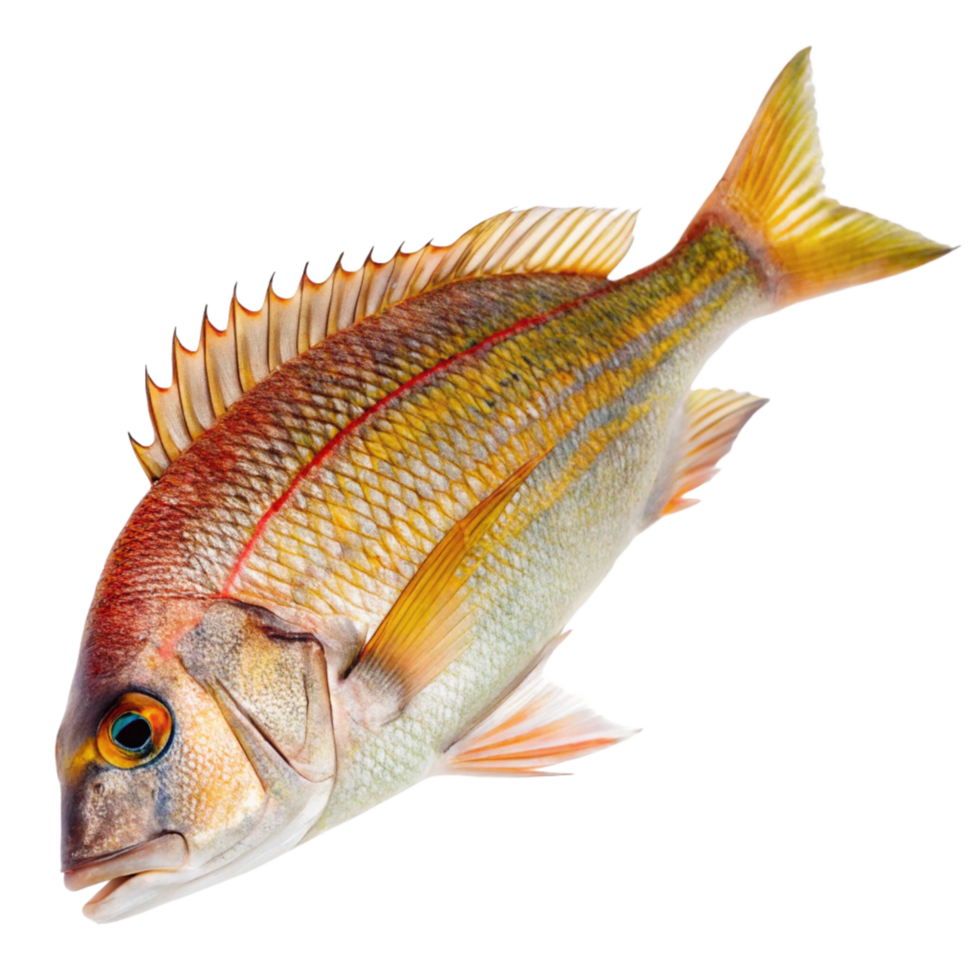 Closeup of a vibrant red and gold fish with detailed fins and scales png