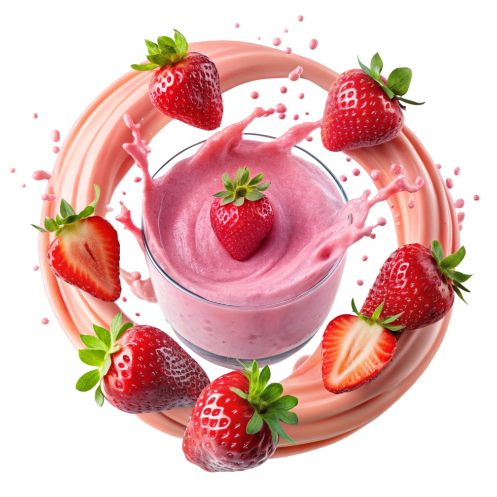 Delicious Strawberry Smoothie in Glass with Splashing Creamy Yogurt and Fresh Strawberries png