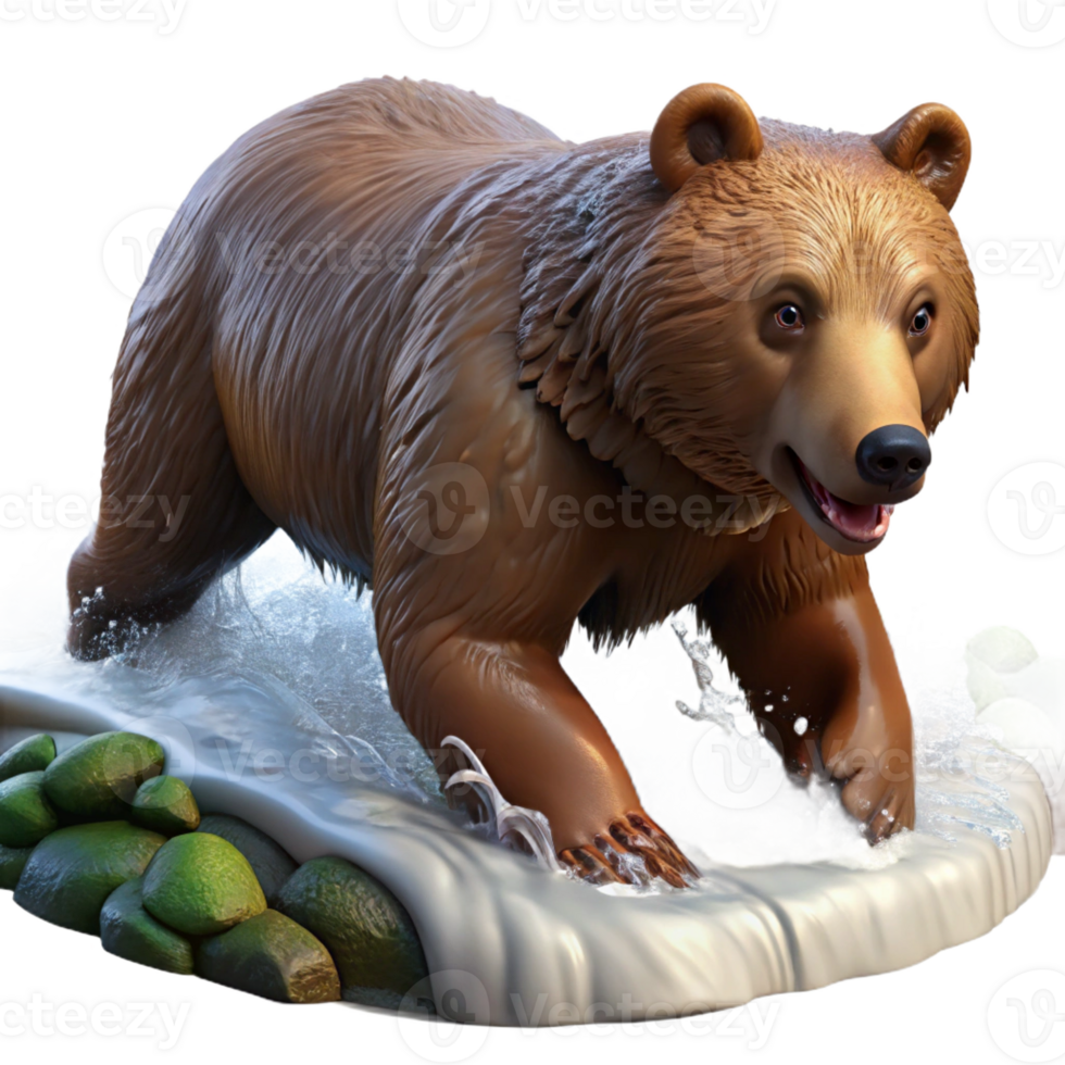 elegant classic A powerful grizzly bear fishing for salmon in a rushing river, illuminated by diffused sunlight, in a naturalistic style genuine png
