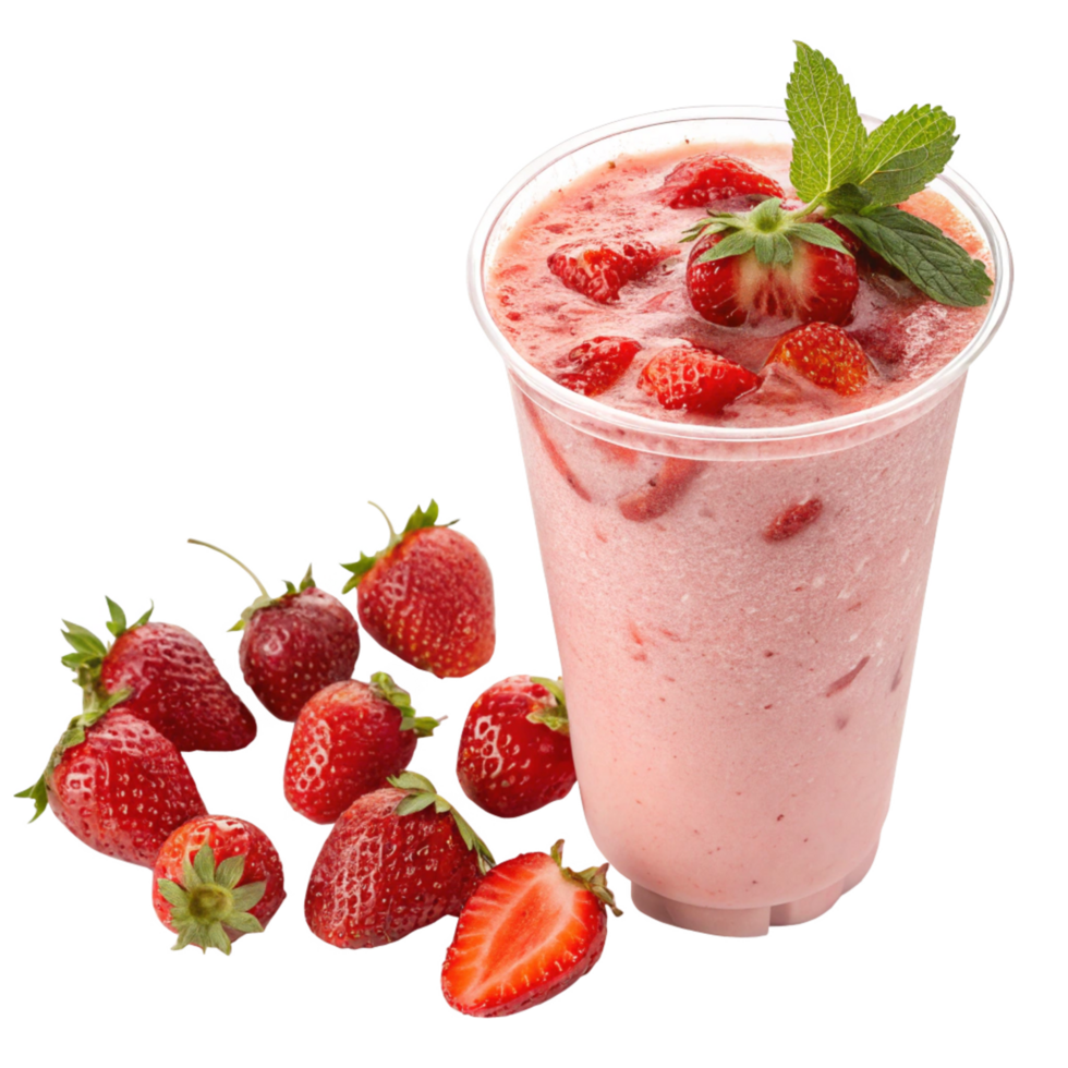 Refreshing Strawberry Smoothie in Plastic Cup with Fresh Strawberries png