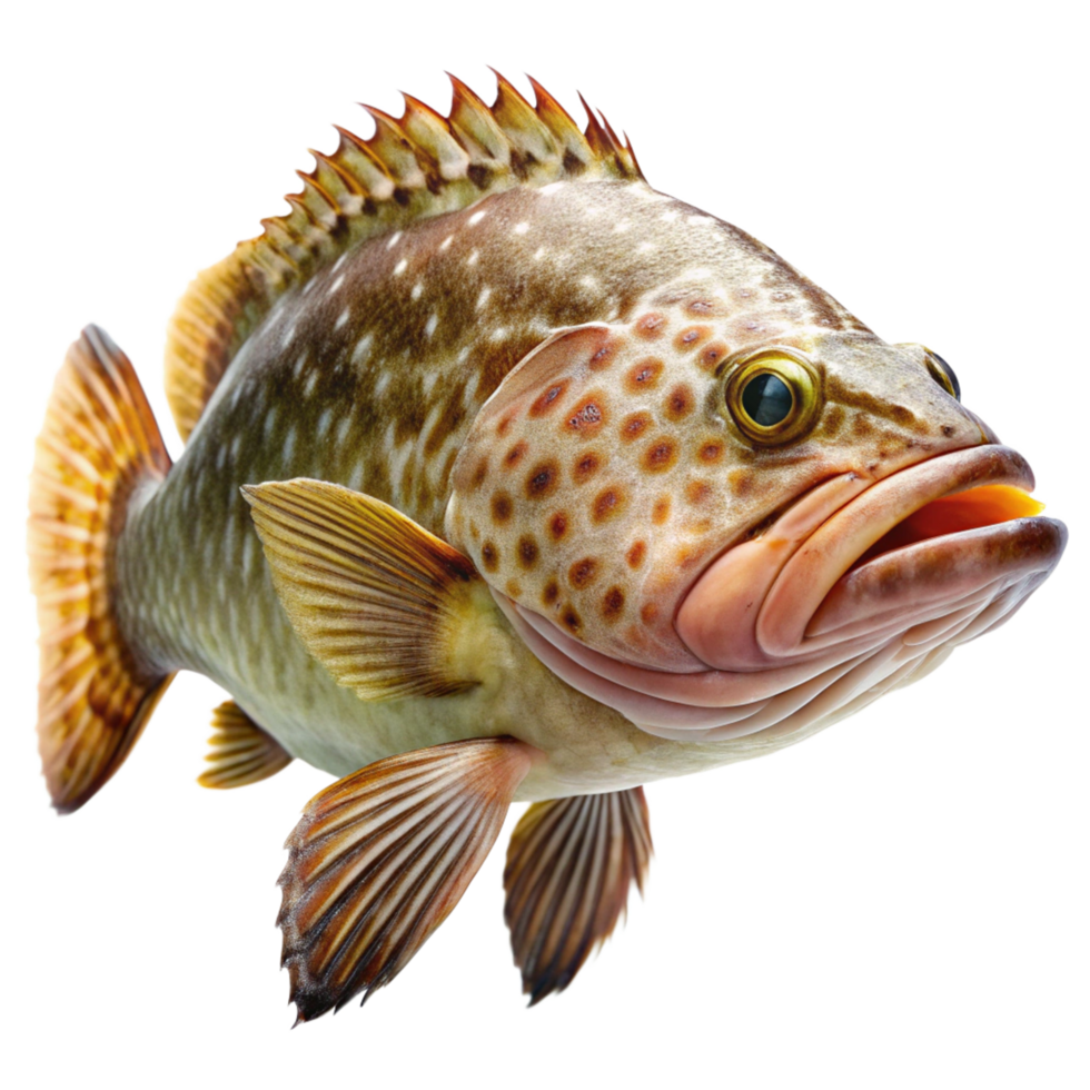 Closeup of a Spotty Grouper Fish with a Spiky Dorsal Fin Against a Black Background png