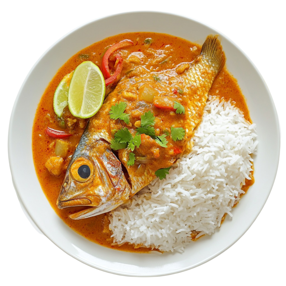 Delicious Fish Curry with Rice and Vegetables on Transparent Background png