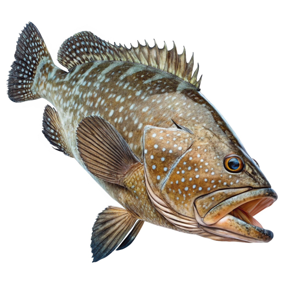 Closeup of a Spotted Grouper Fish with Open Mouth Showing Teeth and Fins png