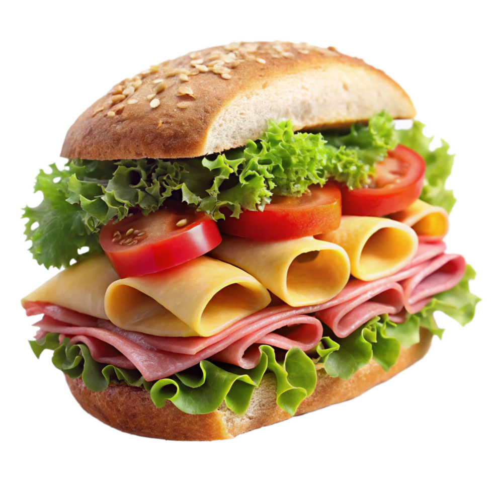 Delicious Ham and Cheese Sandwich with Fresh Tomatoes and Lettuce on a Sesame Seed Bun png